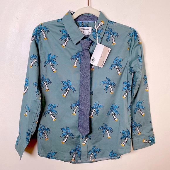 SVRN CODE Boys Long Sleeve with Tie Palm Tree Design Size 10/12 NWT‎ - Picture 1 of 9